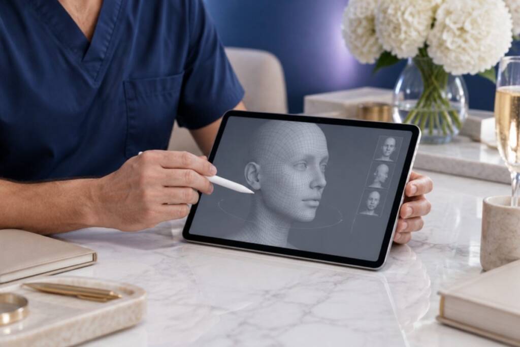 Simulazione 3D Crisalix: modello tridimensionale del viso su tablet durante la consulenza